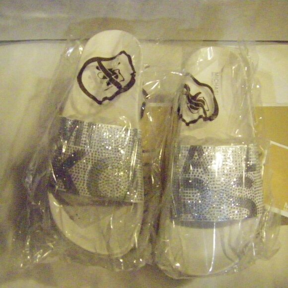 Michael Kors Gilmore Fabric Slides Crystals White/Silver MK Logo Women's Size 9 - Picture 1 of 10